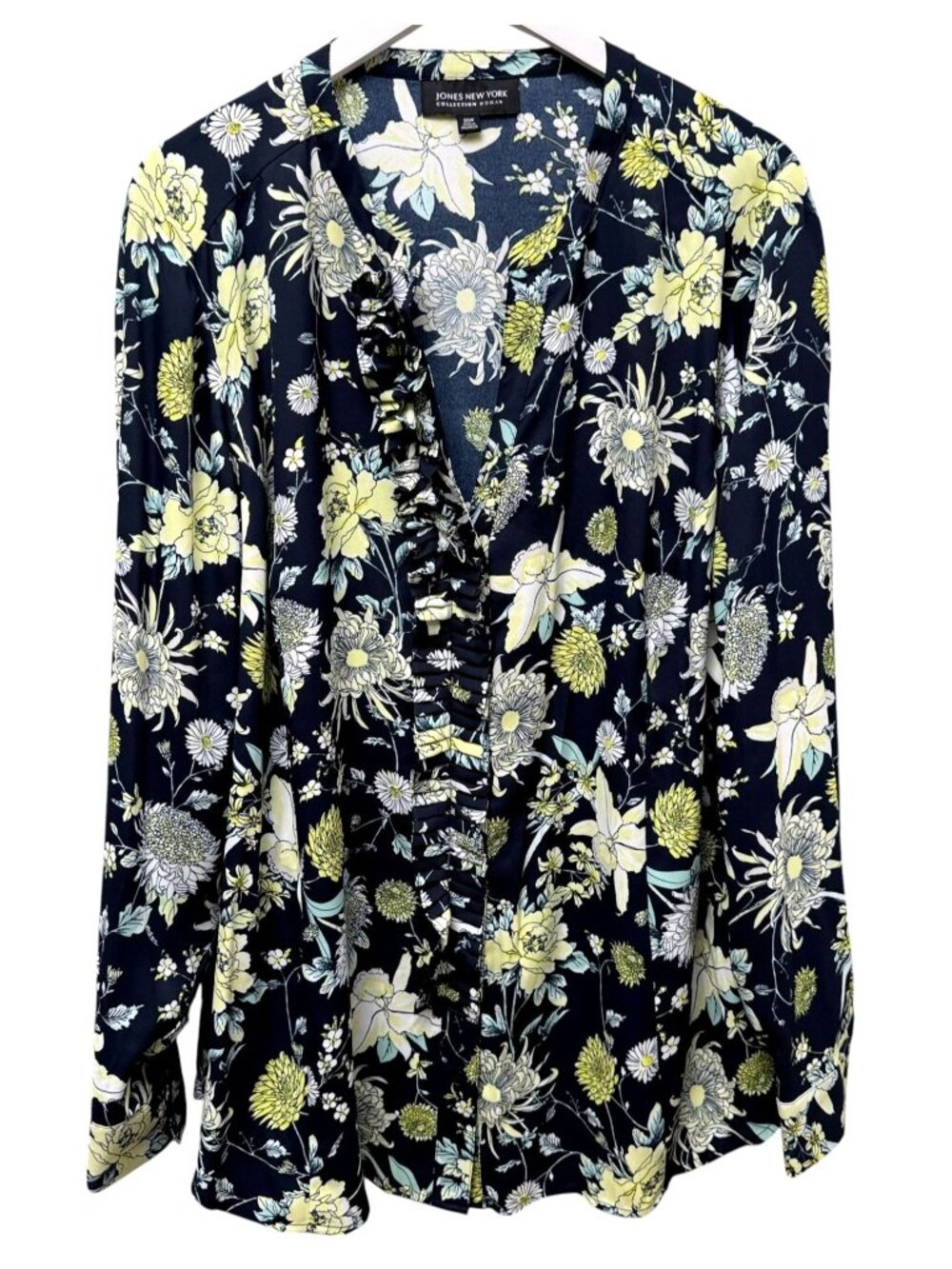 JONES NEW YORK Blouse Plus Size 20W Navy Blue Floral Ruffle Button Front Top
